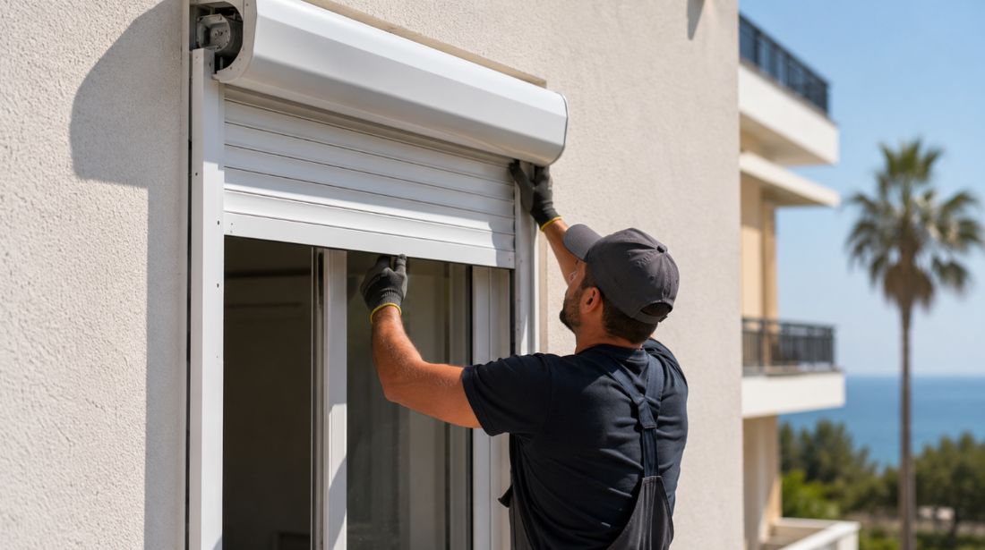 Técnico instalando una persiana de aluminio en una vivienda de Cubelles